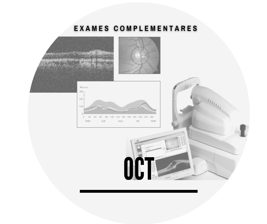 A Tomografia de Coerência Óptica (OCT) é um exame não evasivo, que consiste na obtenção de imagens de cortes transversais da retina. É utilizado no diagnóstico de doenças da retina e vítreo.
